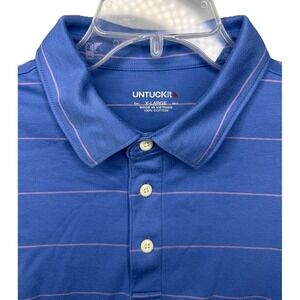 Untuckit Mens XL Blue Short Sleeve Blue Pink Stripe Polo Axios Wide Stripe Shirt